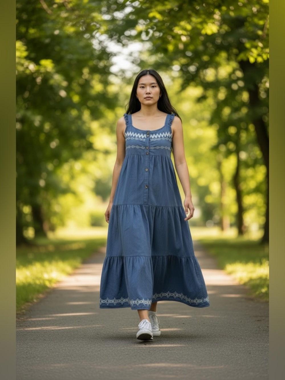 Anthropologie Lapis‎ Blue Smocked Tiered Maxi Dress Boho Peasant Milkmaid Size M